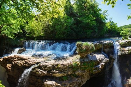 Martvili Canyon with turquoise river and limestone cliffs in western Georgia